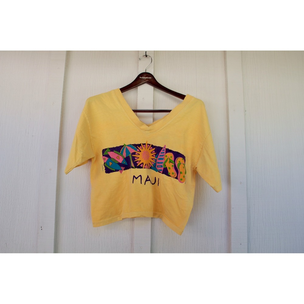 Vintage 1993 Maui Hawaii Crop Top V-Neck T-Shirt Yellow Neon Beach Single Stitch